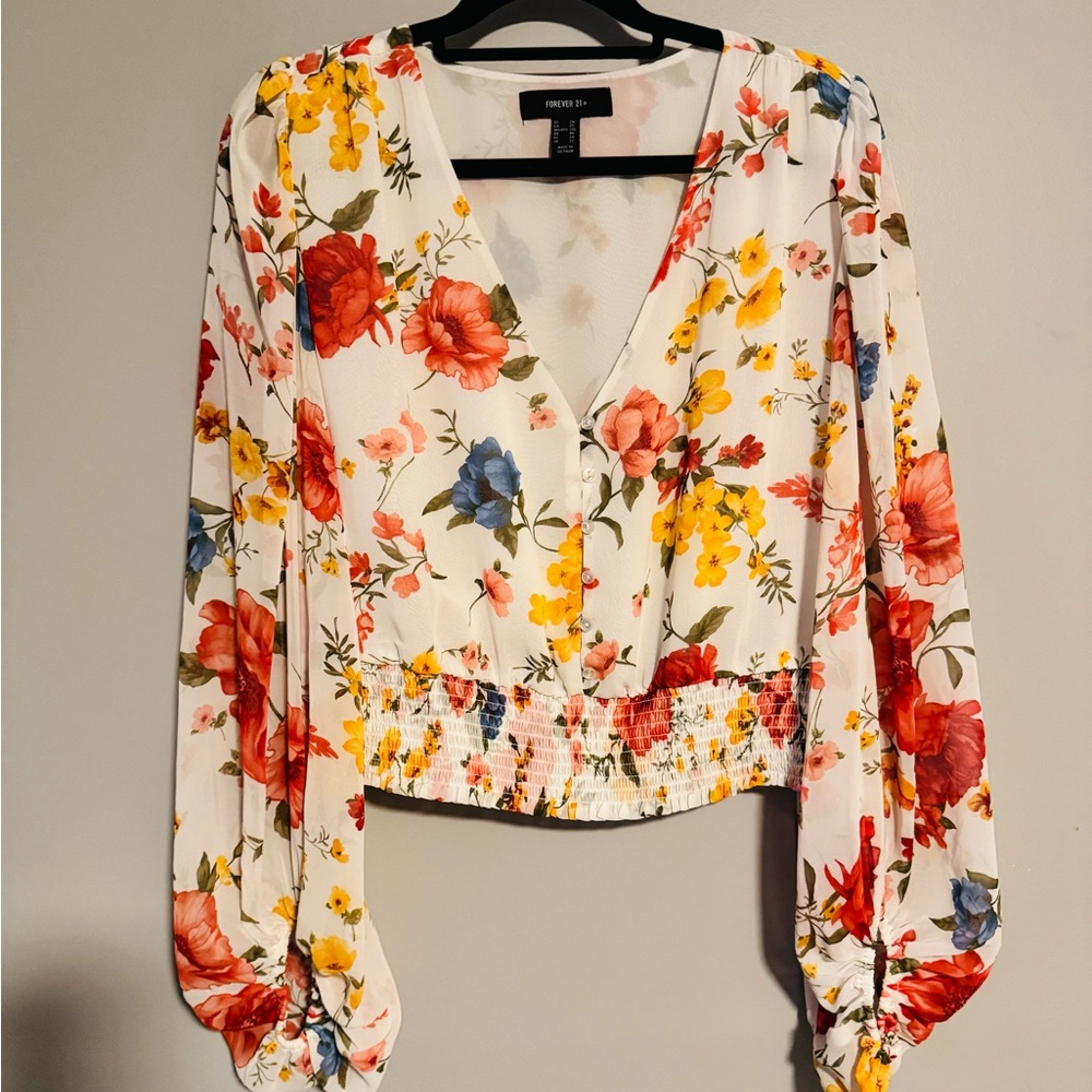 Forever 21 Floral Blouse with V-Neck
